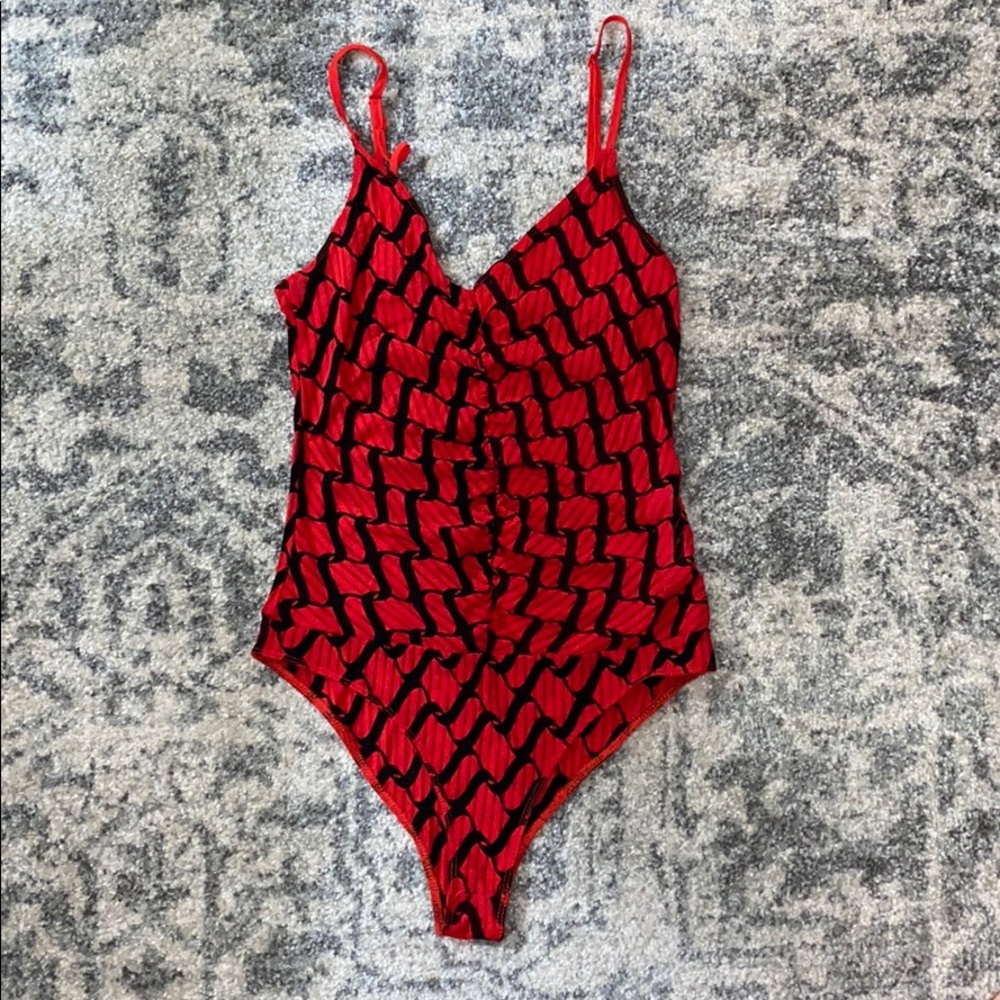 Red Zara Bodysuit with Black Chain Print